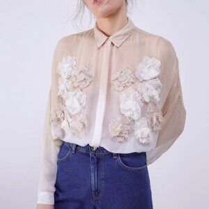 UTERQUE sheer ombre long blouse with flower appliques